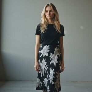 Lauren Ralph Lauren Silk Floral Midi Skirt Black White Bias Cut Size 8P